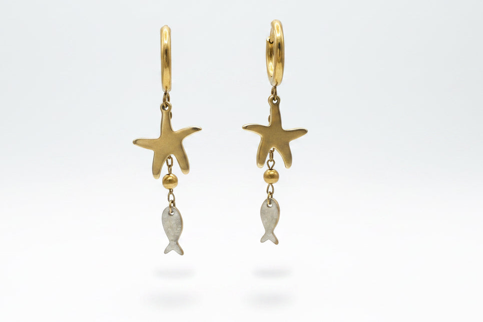 Pendientes Estrella de Mar y Pez de Acero Inoxidable Dorado