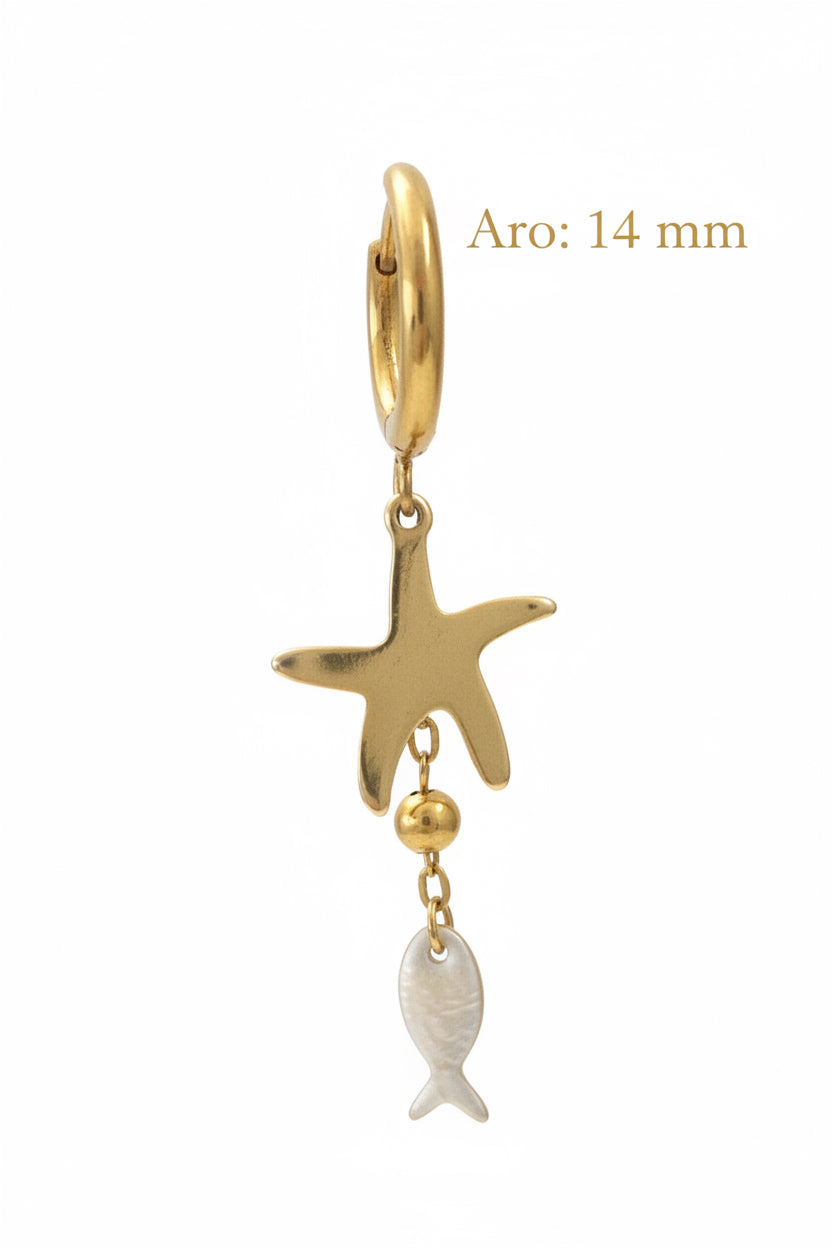 Pendientes Estrella de Mar y Pez de Acero Inoxidable Dorado