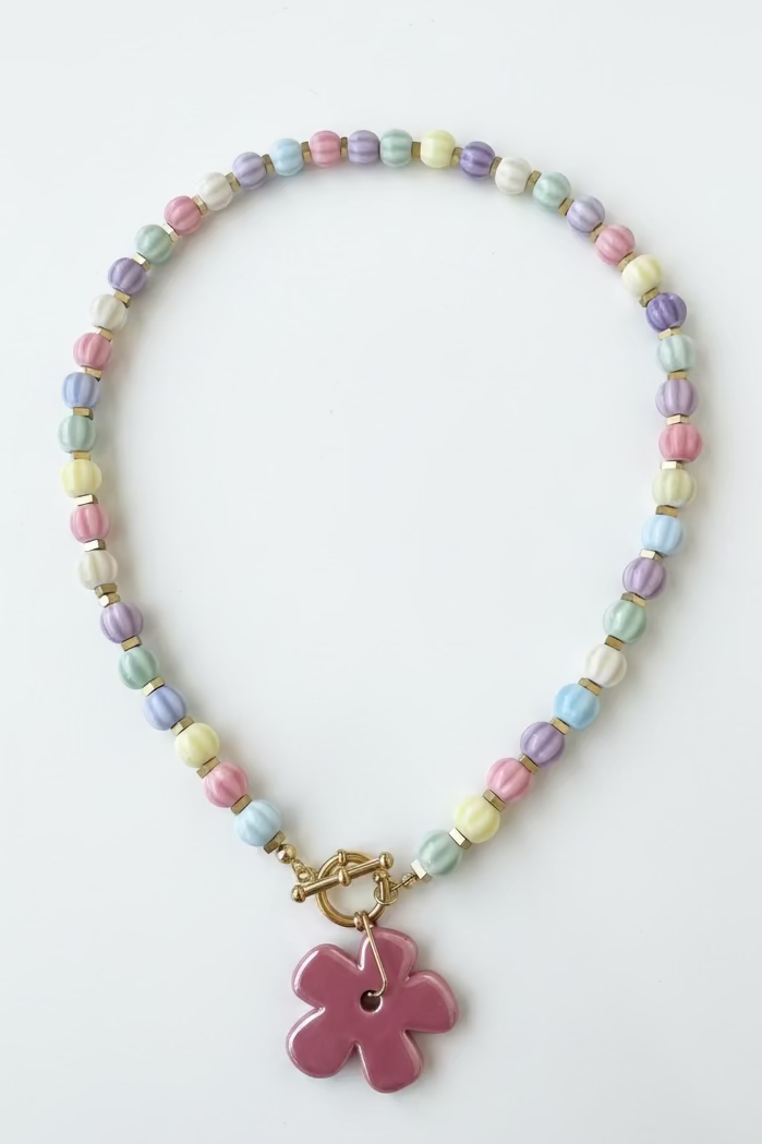 Collar bolas de cerámica con flor y acero